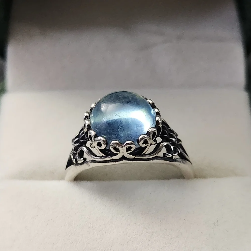 S925 Aquamarine Ring Round Stone Adjustable Band March Pisces ♓️